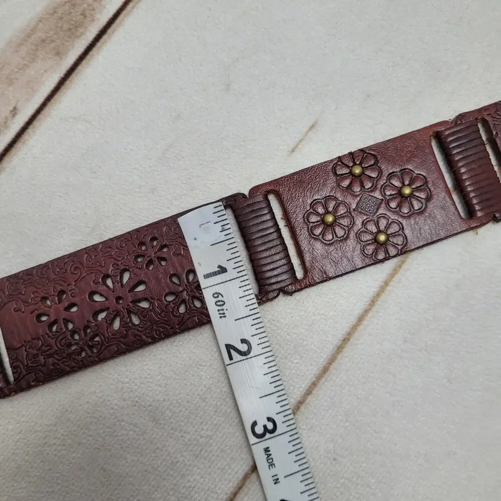 Fossil tooled floral studded leather patchwork belt boho bohemian L